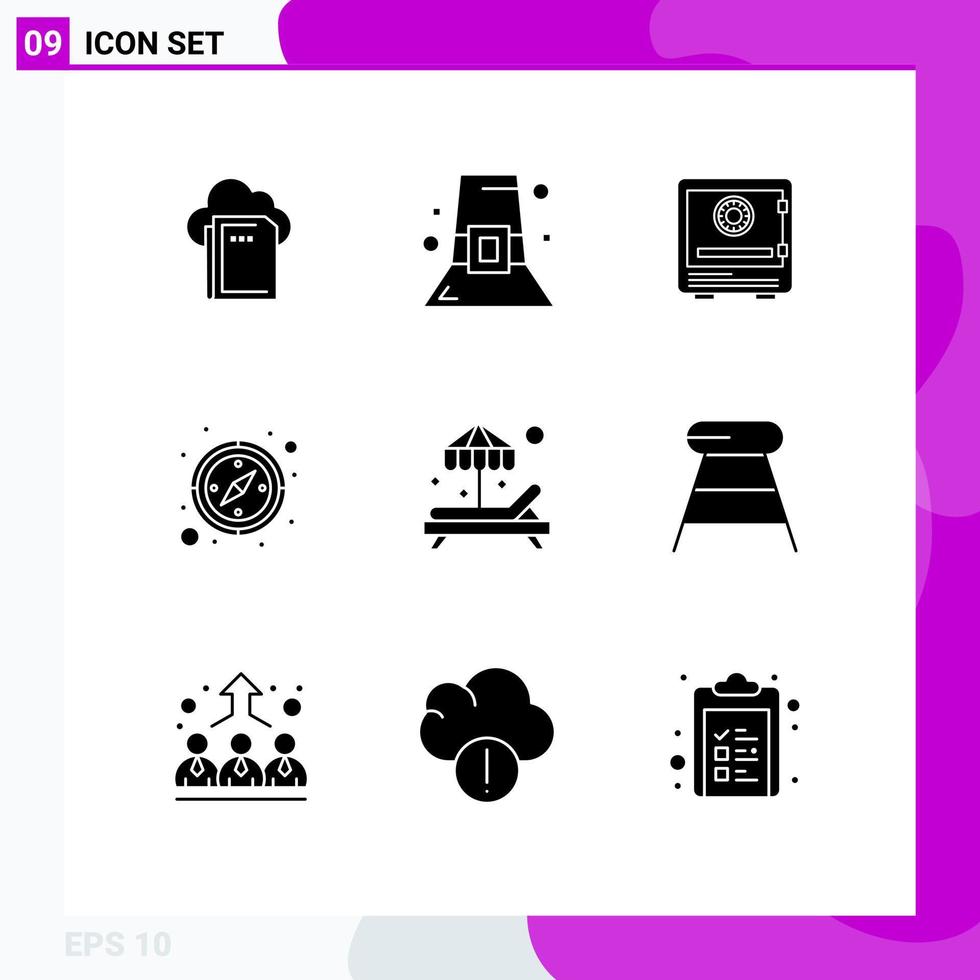 9 Universal Solid Glyphs Set for Web and Mobile Applications gps compass safe security money Editable Vector Design Elements