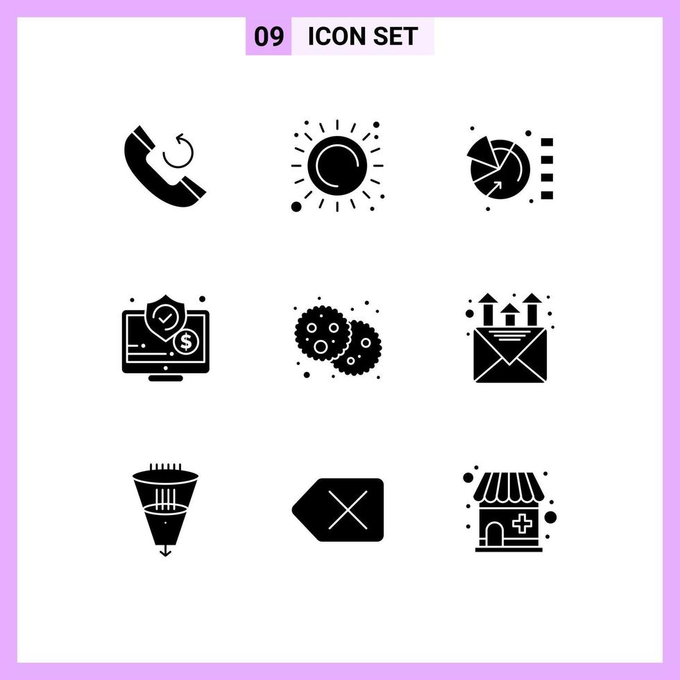 9 User Interface Solid Glyph Pack of modern Signs and Symbols of food security graph screen monitor Editable Vector Design Elements
