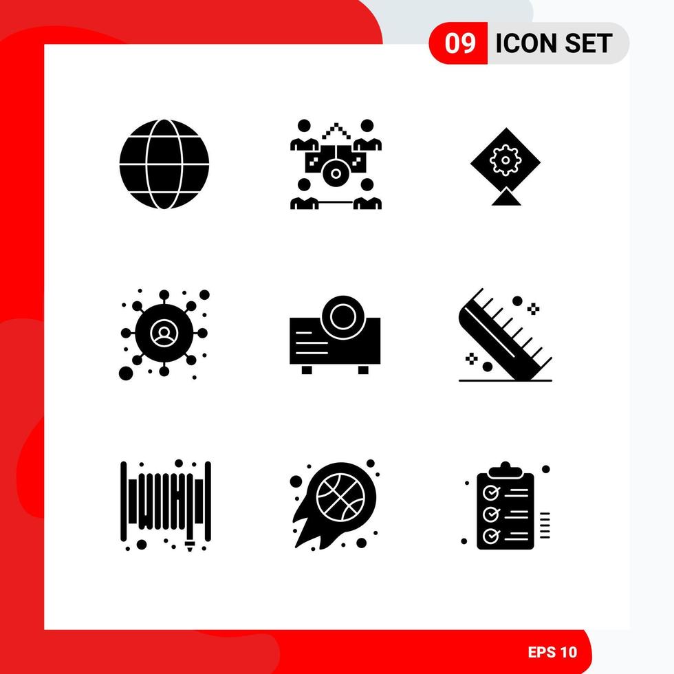 Mobile Interface Solid Glyph Set of 9 Pictograms of comb projector kite presentation user Editable Vector Design Elements