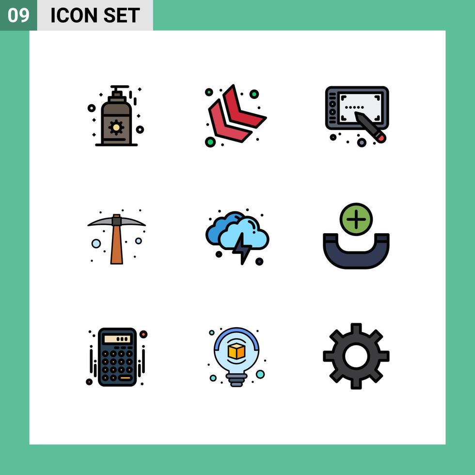 Modern Set of 9 Filledline Flat Colors Pictograph of call thunder tablet lightning tool Editable Vector Design Elements