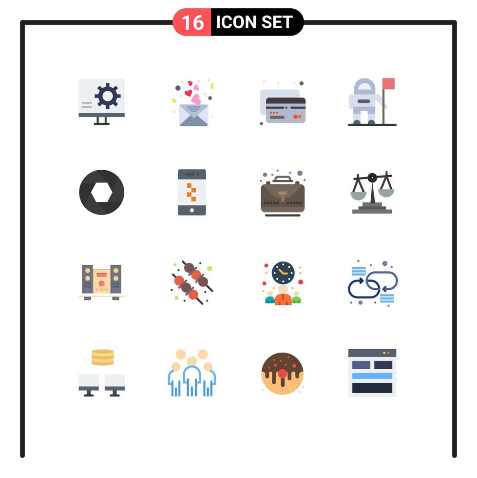 Universal Icon Symbols Group of 16 Modern Flat Colors of focus aperture mail flag astronaut Editable Pack of Creative Vector Design Elements