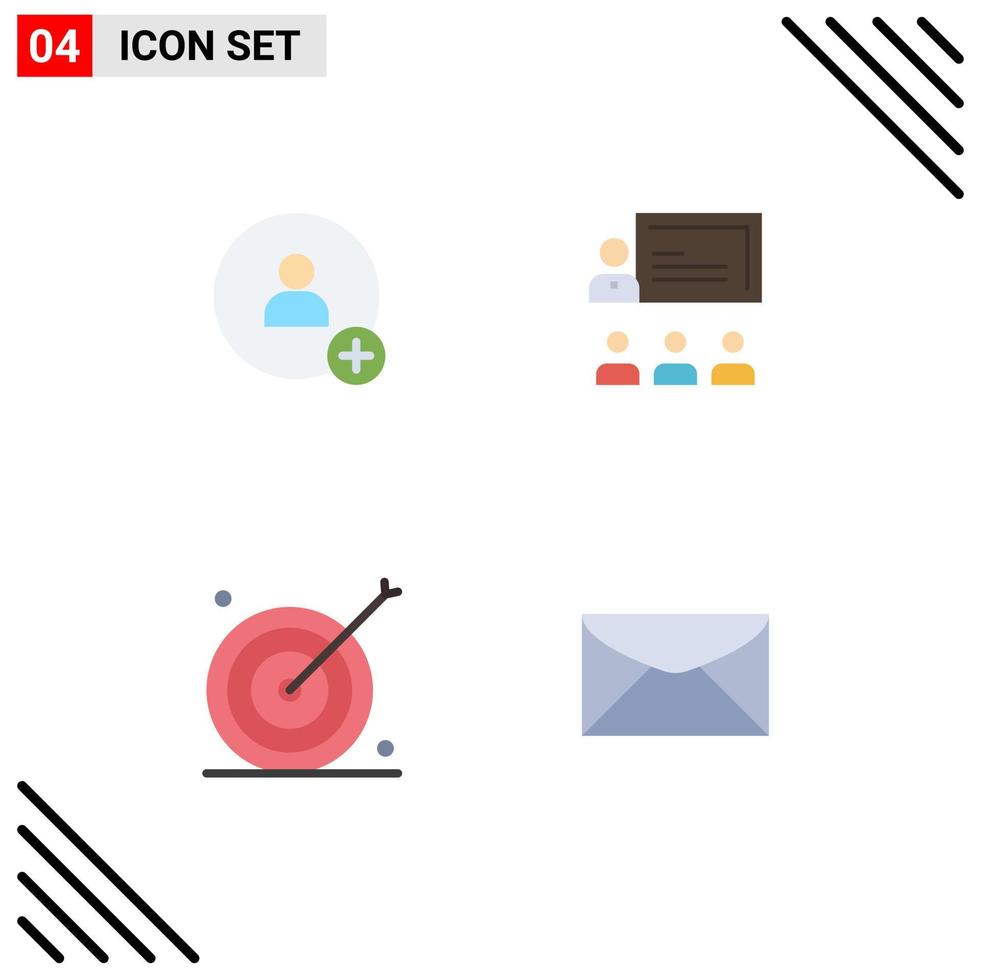 conjunto moderno de 4 iconos y símbolos planos, como agregar objetivo, trabajo en equipo, liderazgo, marketing, elementos de diseño vectorial editables vector