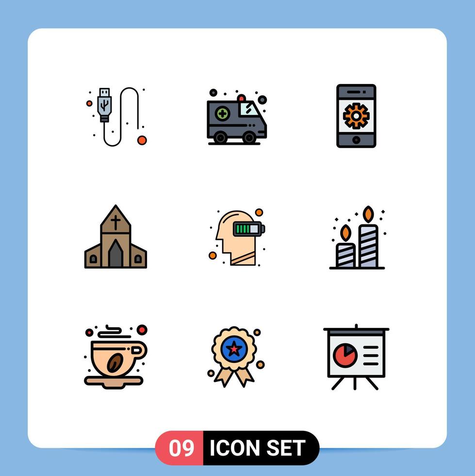 paquete de 9 signos y símbolos de colores planos de línea de llenado modernos para medios de impresión web, como elementos de diseño de vectores editables de la iglesia de Pascua de comunicaciones cruzadas de agotamiento