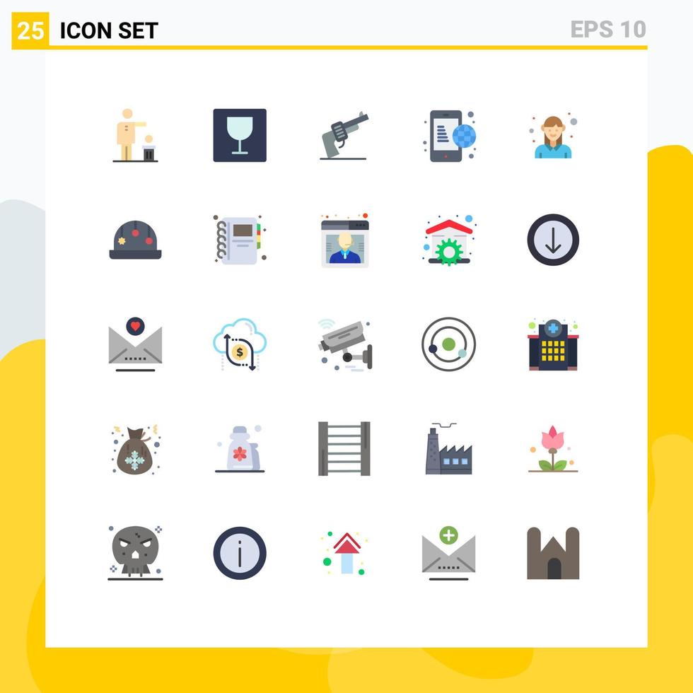 paquete de 25 signos y símbolos modernos de colores planos para medios de impresión web, como elementos de diseño de vectores editables de negocios globales de armas de Internet para empleados