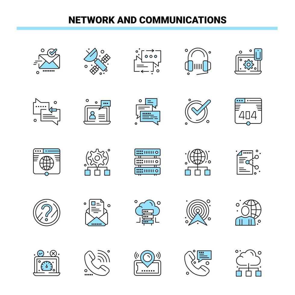 25 Network And Communications Black and Blue icon Set Creative Icon Design and logo template Creative Black Icon vector background