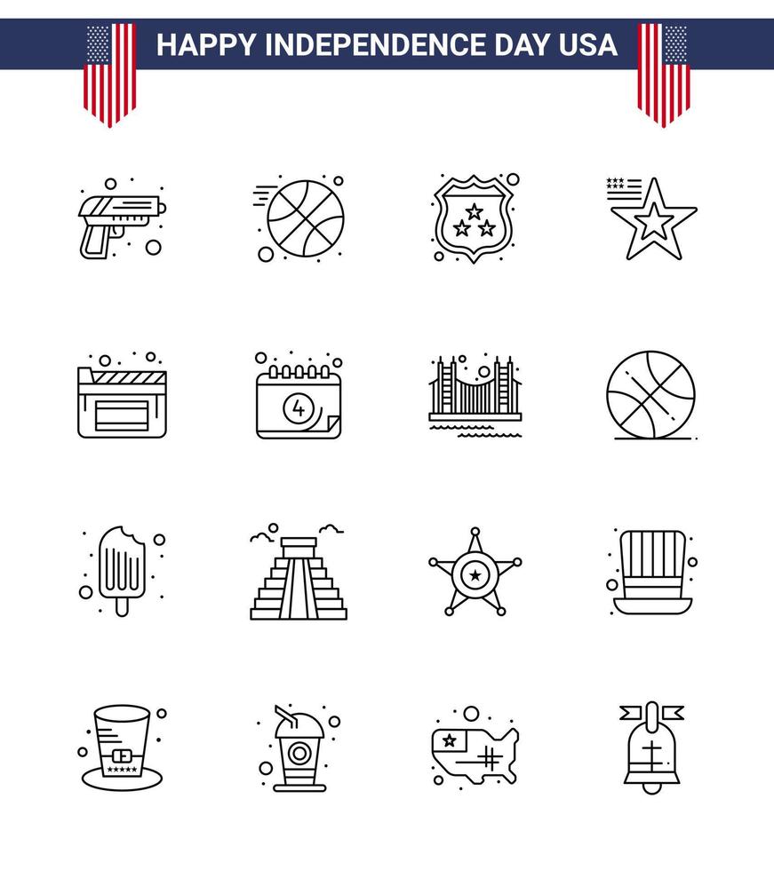Editable Vector Line Pack of USA Day 16 Simple Lines of film cinema security usa american Editable USA Day Vector Design Elements