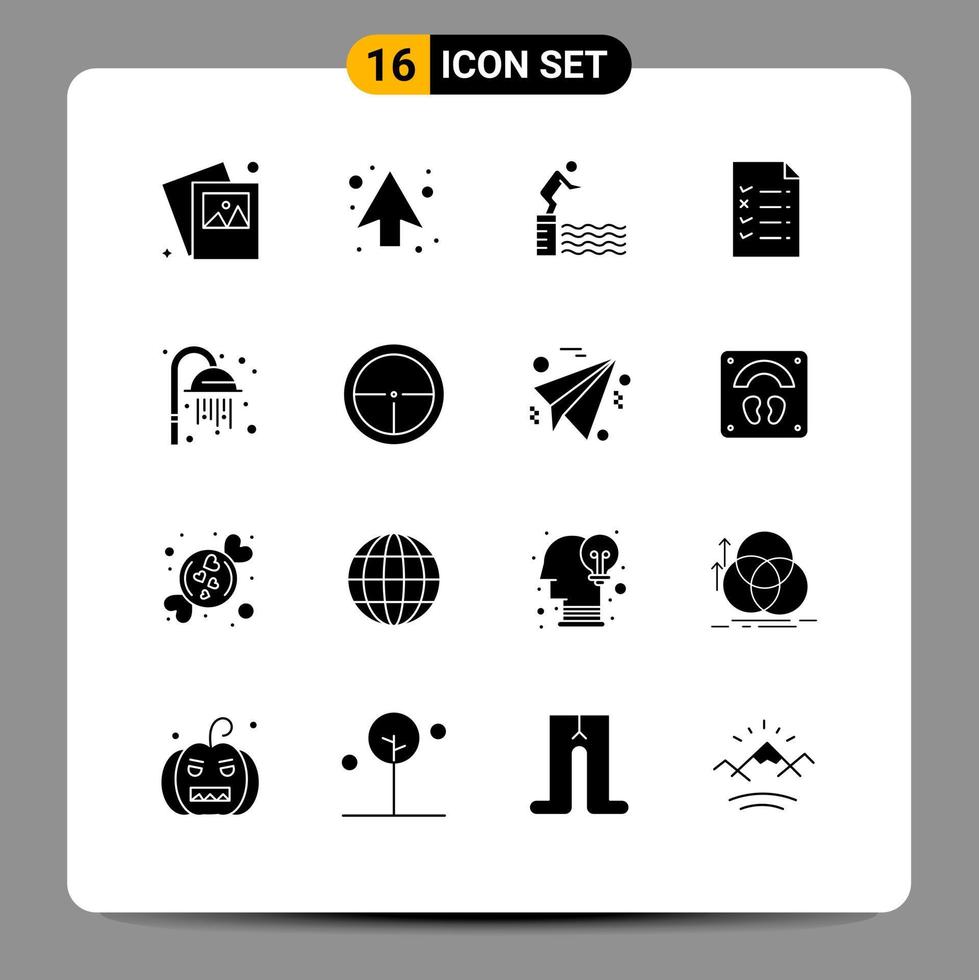 16 User Interface Solid Glyph Pack of modern Signs and Symbols of shower cleansing jump education document Editable Vector Design Elements