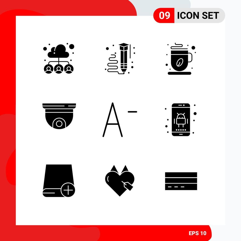 Group of 9 Solid Glyphs Signs and Symbols for security device pencil cam tea Editable Vector Design Elements