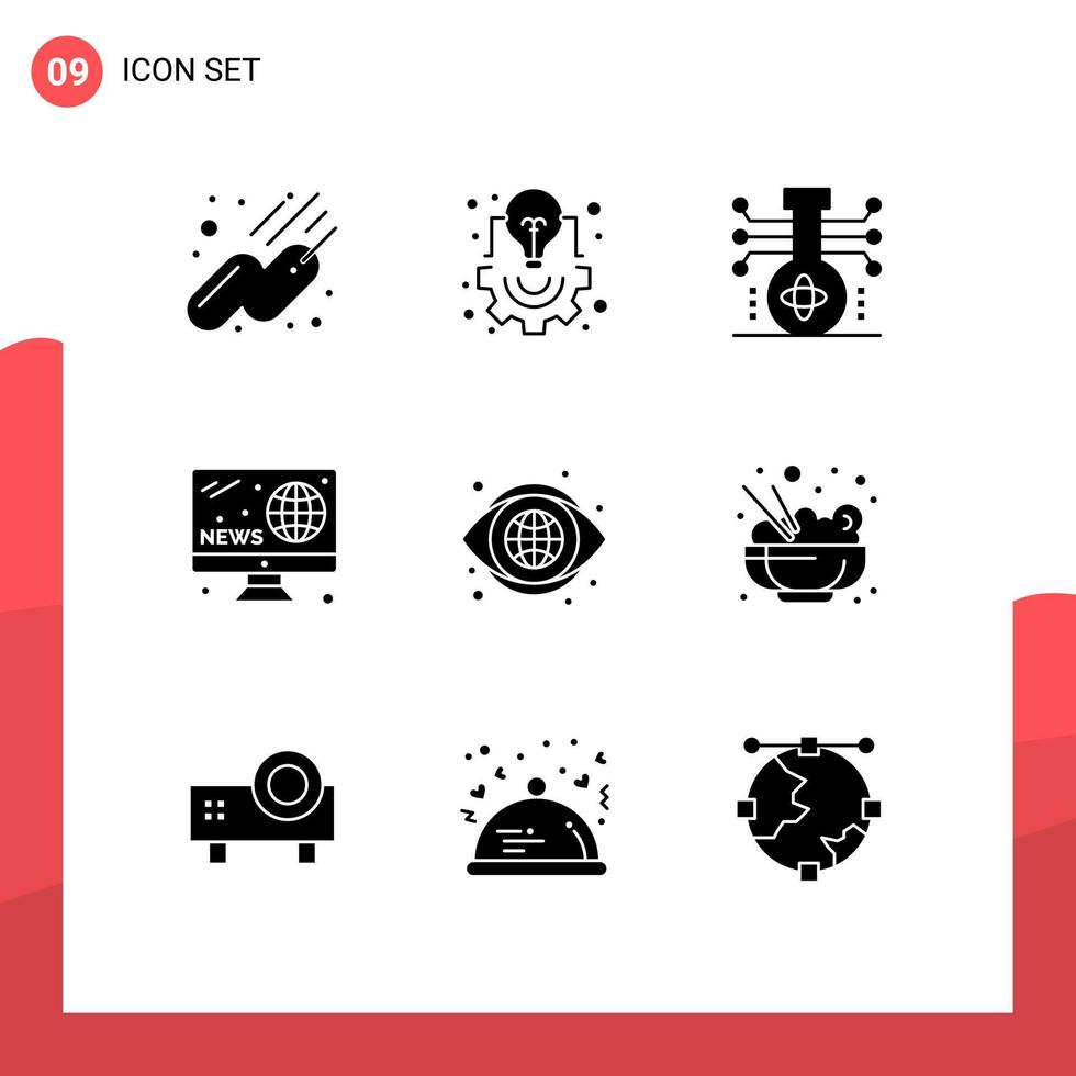 Group of 9 Modern Solid Glyphs Set for globe news chemistry hobby technology Editable Vector Design Elements