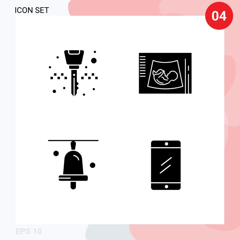 Set of 4 Vector Solid Glyphs on Grid for equipment bell taxi sonogram school Editable Vector Design Elements