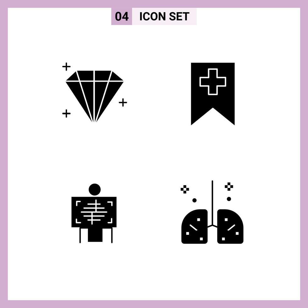 4 Universal Solid Glyph Signs Symbols of diamond radiology tag xray hospital Editable Vector Design Elements