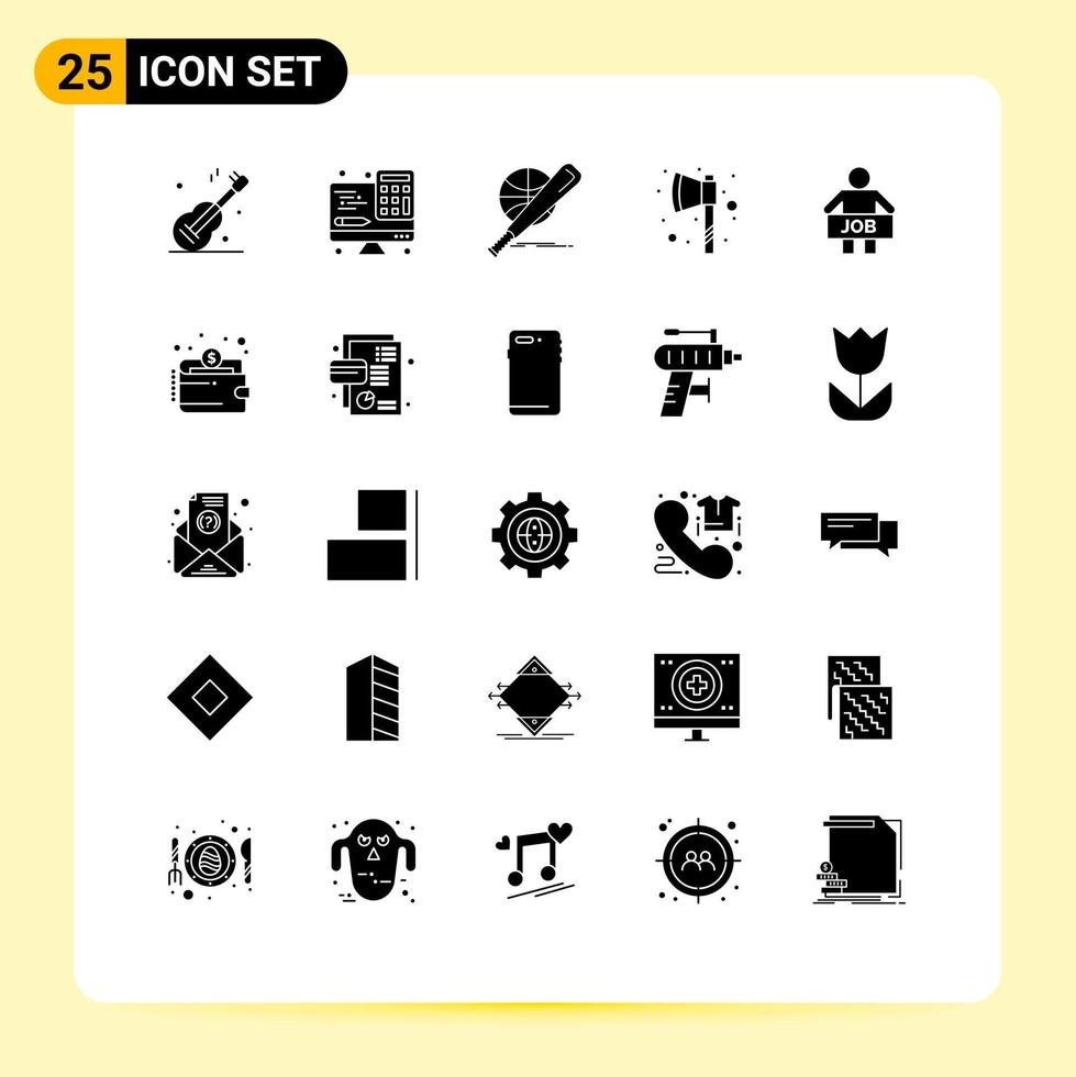 Pack of 25 Modern Solid Glyphs Signs and Symbols for Web Print Media such as man tomahawk baseball hatchet fun Editable Vector Design Elements