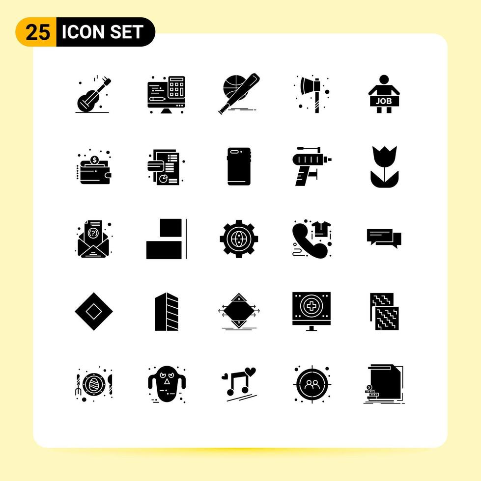 paquete de 25 signos y símbolos de glifos sólidos modernos para medios de impresión web, como el hacha de béisbol man tomahawk, divertidos elementos de diseño de vectores editables