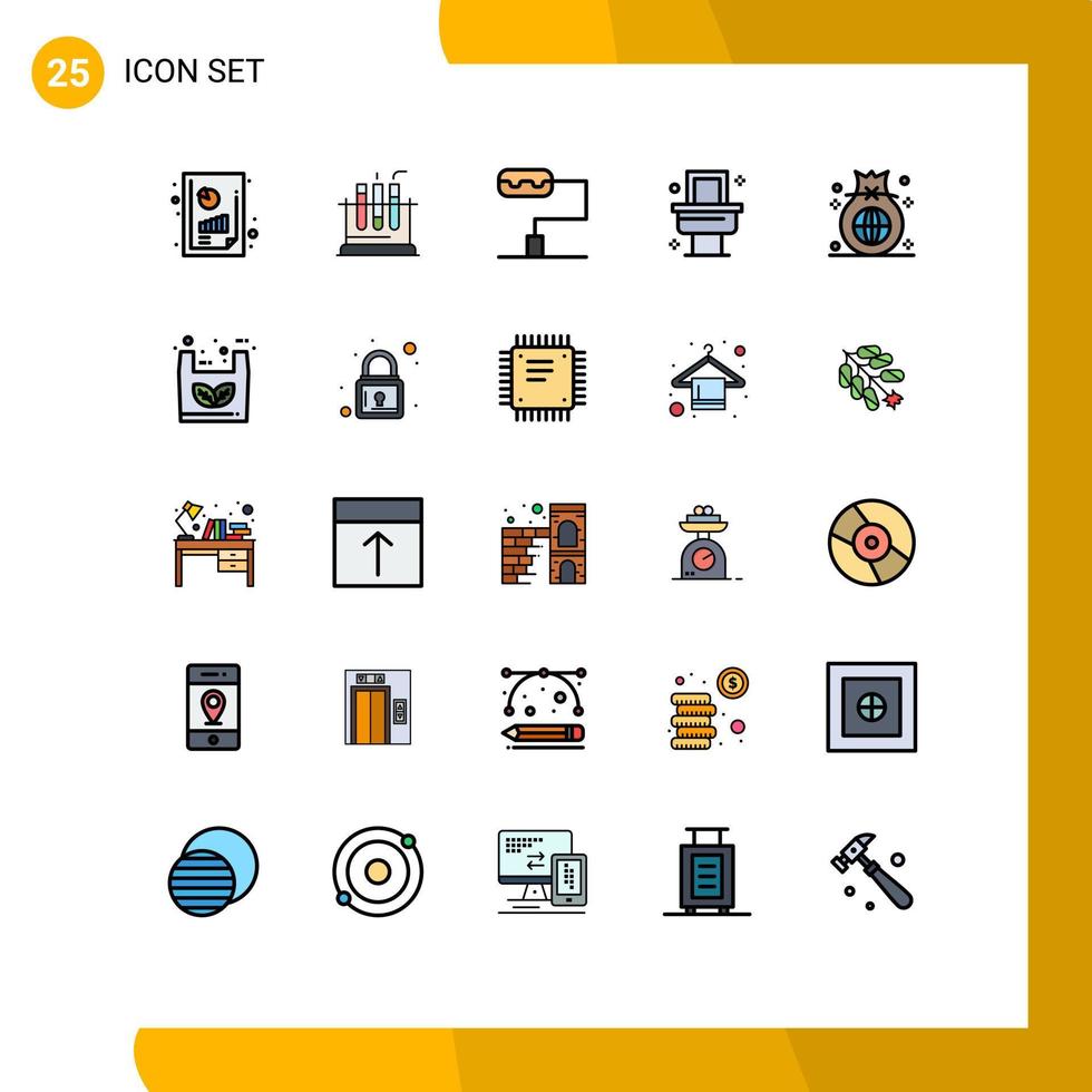 Pictogram Set of 25 Simple Filled line Flat Colors of bag global paint roller finance bag Editable Vector Design Elements