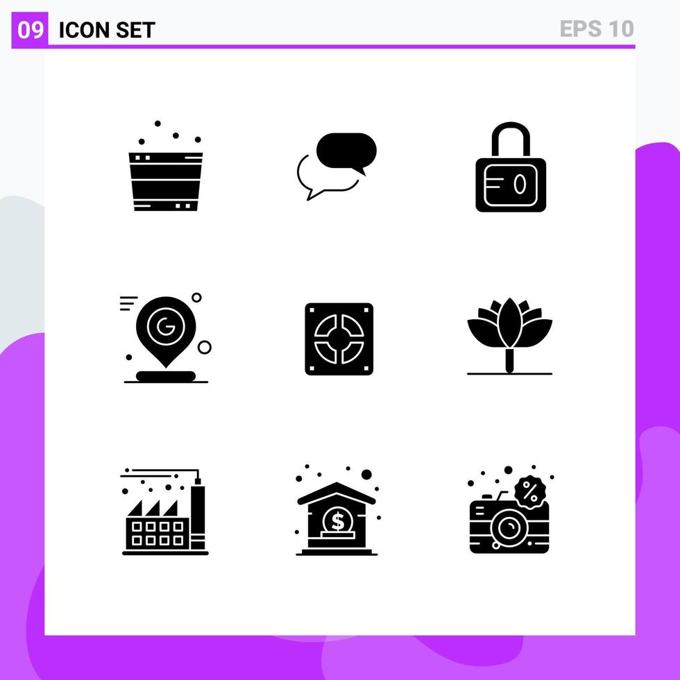 Pictogram Set of 9 Simple Solid Glyphs of mechanical mark lock location map Editable Vector Design Elements