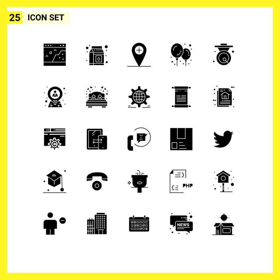 Mobile Interface Solid Glyph Set of 25 Pictograms of metal chinese add bell balloon Editable Vector Design Elements