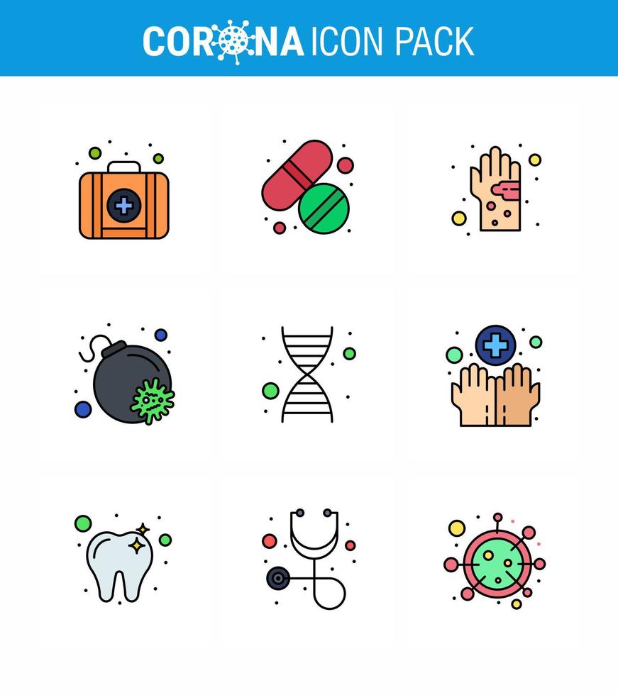 9 paquete de iconos de epidemia de coronavirus de color plano de línea rellena como virus genético virus de bomba sucia coronavirus viral 2019nov elementos de diseño de vector de enfermedad