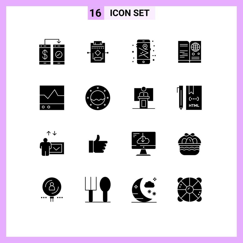 Pack of 16 Modern Solid Glyphs Signs and Symbols for Web Print Media such as international visa settings id map pin Editable Vector Design Elements