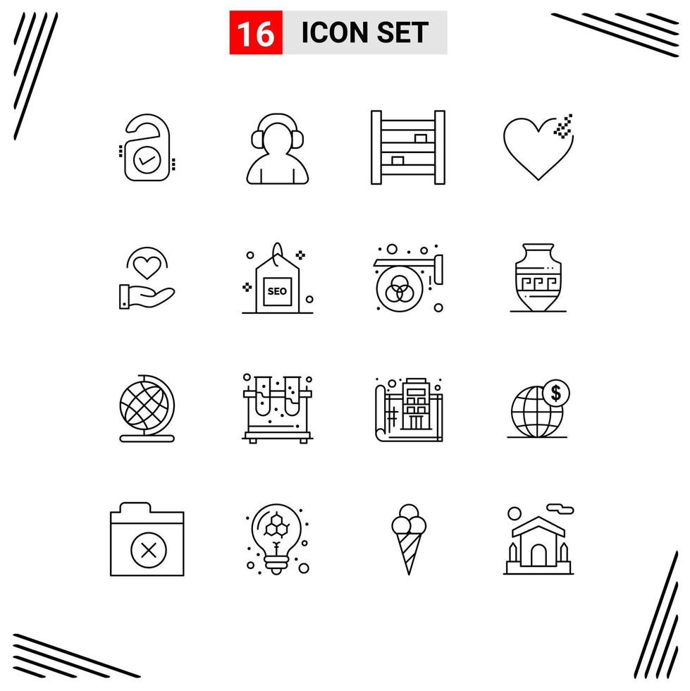 Pack of 16 Modern Outlines Signs and Symbols for Web Print Media such as care love cabinet broken kitchen Editable Vector Design Elements