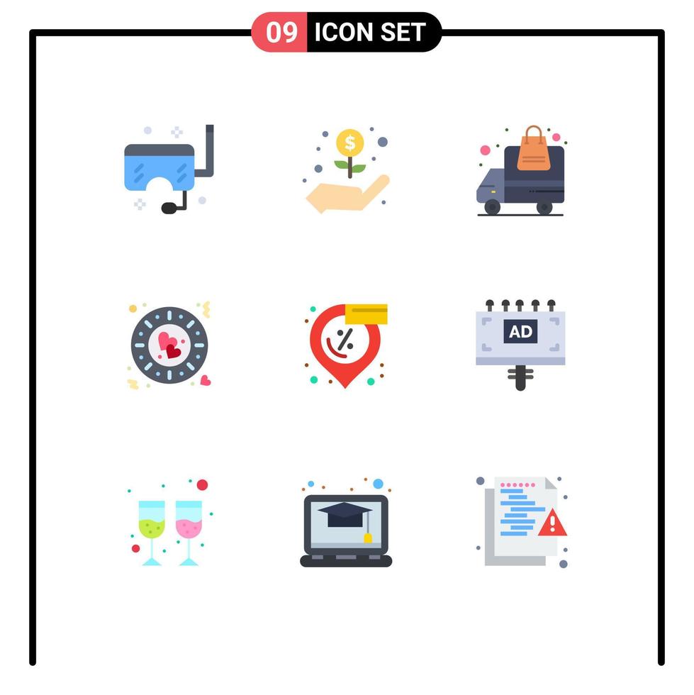 Group of 9 Flat Colors Signs and Symbols for location romantic delivery plate dinner Editable Vector Design Elements