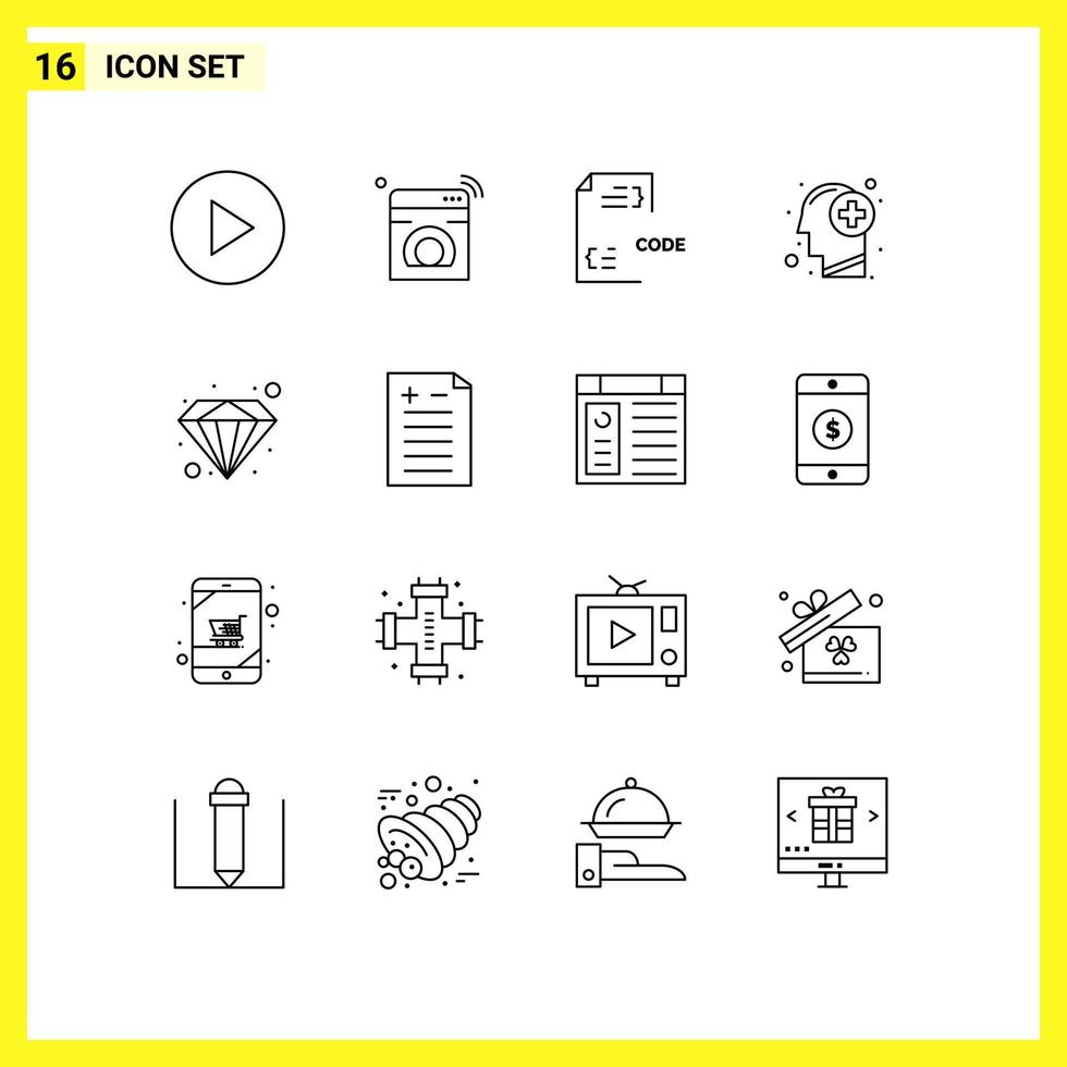 Mobile Interface Outline Set of 16 Pictograms of diamond mind coding human head Editable Vector Design Elements