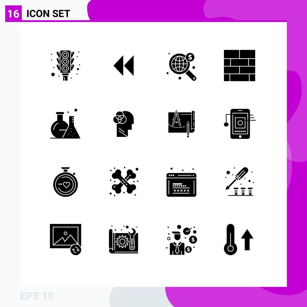 Modern Set of 16 Solid Glyphs Pictograph of flask strategy search layout bricks layout Editable Vector Design Elements