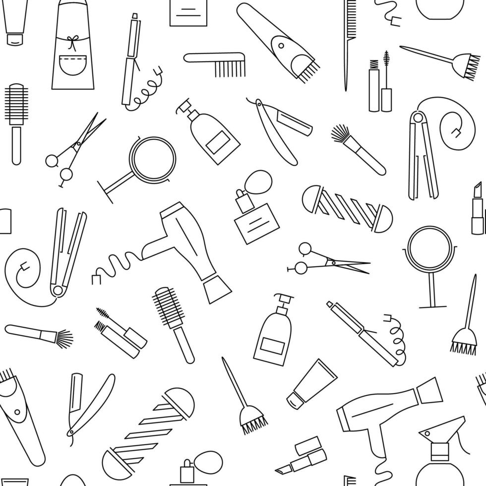 Beauty and care seamless pattern. Barber shop linear icons on white background vector