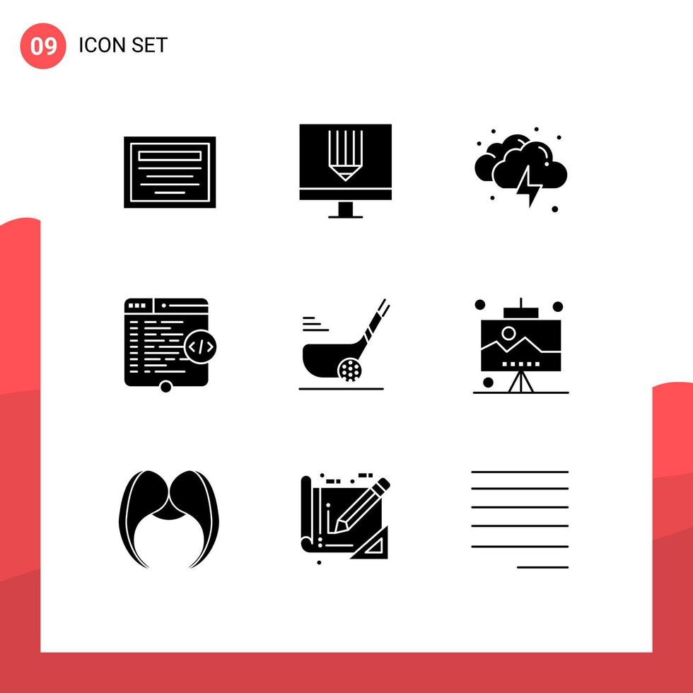 Mobile Interface Solid Glyph Set of 9 Pictograms of golf window cloud website code Editable Vector Design Elements