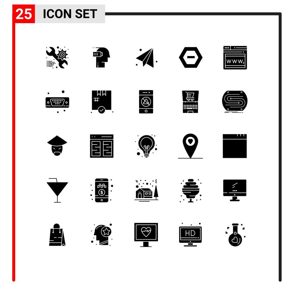 Modern Set of 25 Solid Glyphs Pictograph of web data mind minus hexagon Editable Vector Design Elements