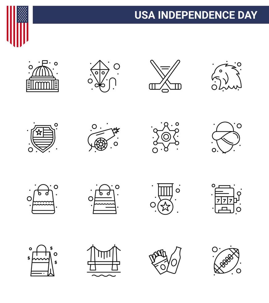 Happy Independence Day 16 Lines Icon Pack for Web and Print shield american hokey eagle animal Editable USA Day Vector Design Elements