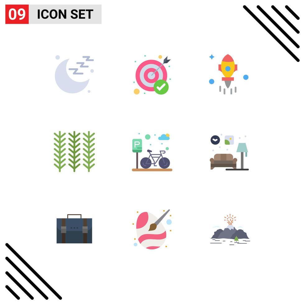 Pack of 9 Modern Flat Colors Signs and Symbols for Web Print Media such as parking cycle rocket wheat food Editable Vector Design Elements