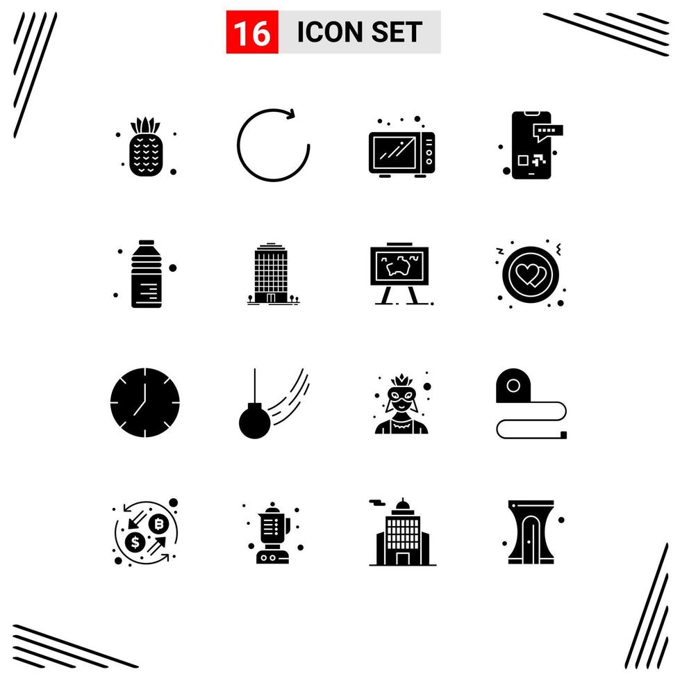 Modern Set of 16 Solid Glyphs and symbols such as water drink microwave bottle smartphone Editable Vector Design Elements