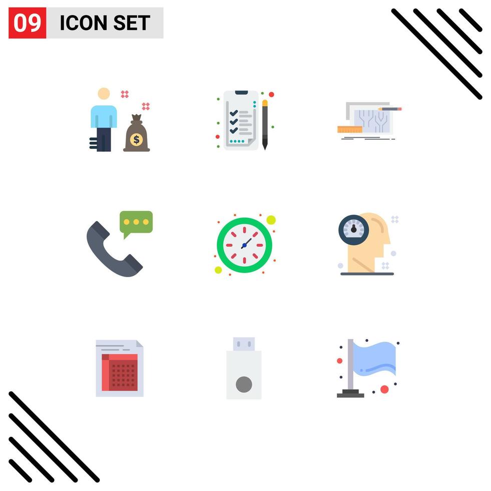 Mobile Interface Flat Color Set of 9 Pictograms of time conversation circuit contact us communication Editable Vector Design Elements