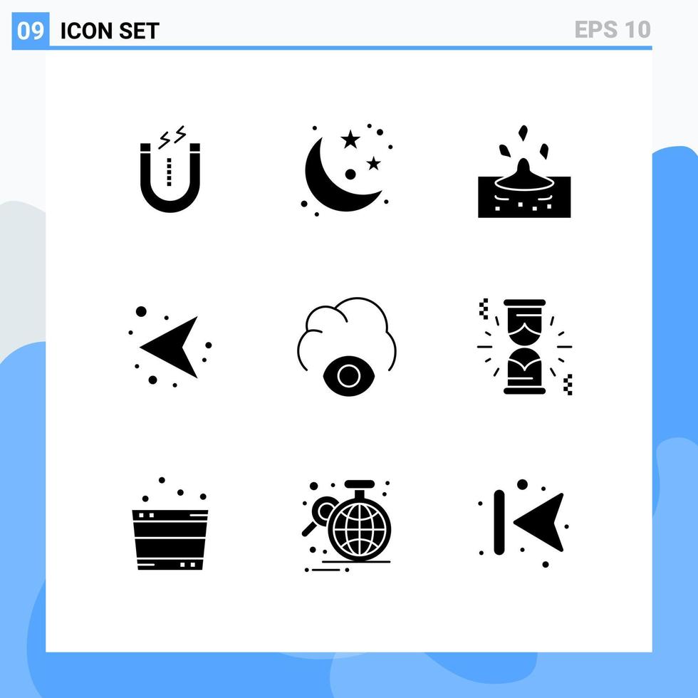 Set of 9 Vector Solid Glyphs on Grid for eye left drop network arrows Editable Vector Design Elements