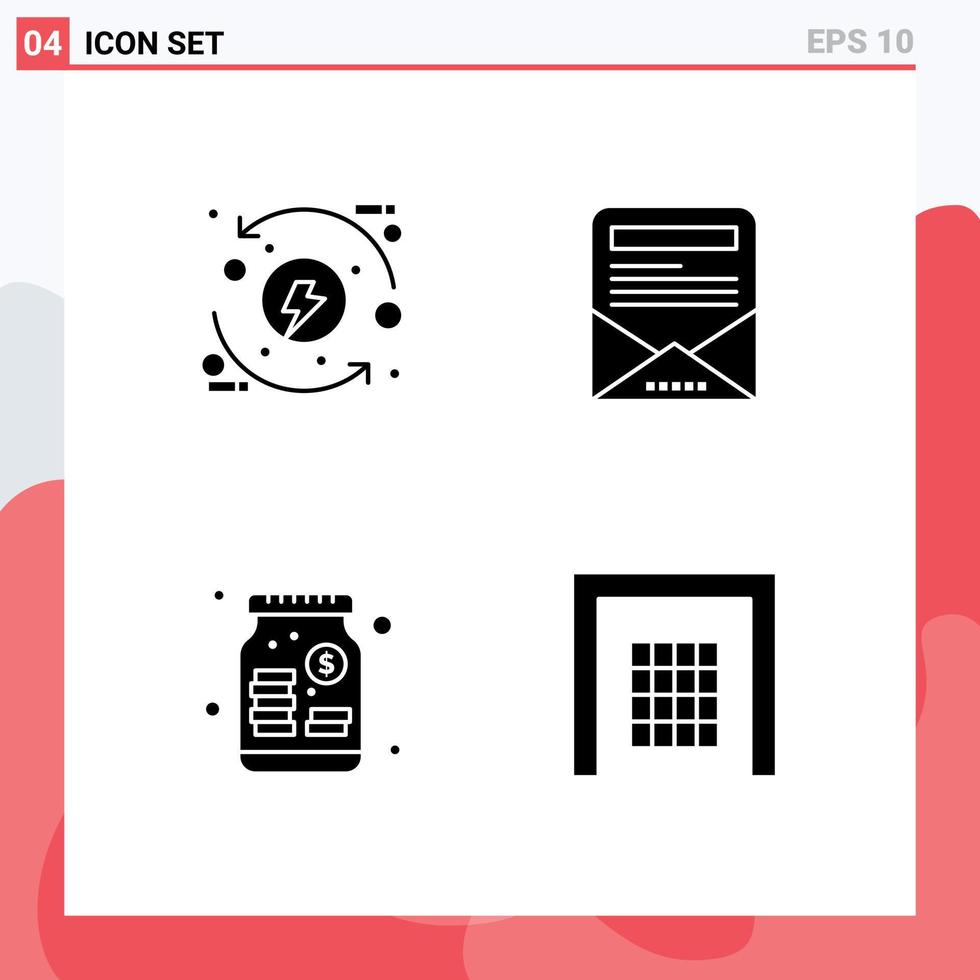 4 Universal Solid Glyphs Set for Web and Mobile Applications process money eco email newsletter money Editable Vector Design Elements