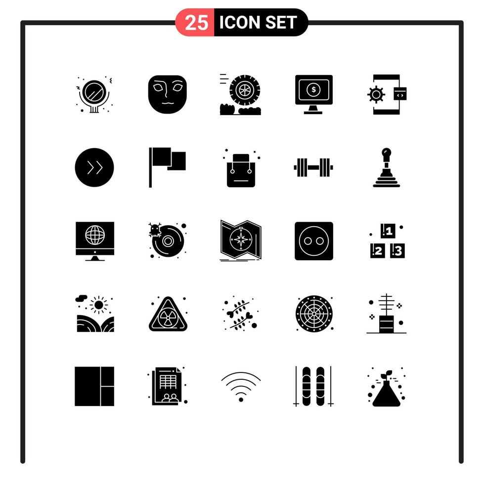 Pack of 25 Modern Solid Glyphs Signs and Symbols for Web Print Media such as arrows development wheel develop app Editable Vector Design Elements