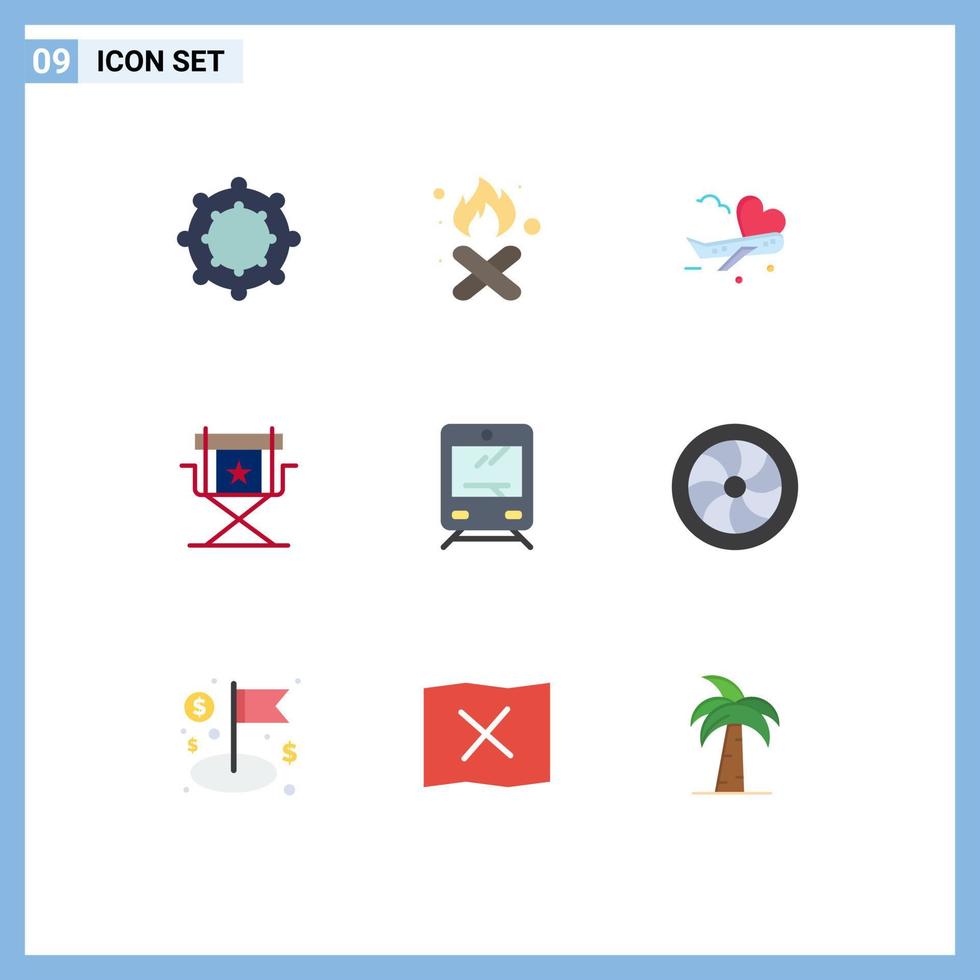 paquete de 9 signos y símbolos de colores planos modernos para medios de impresión web, como el director de estrella de avión de televisión de transporte, elementos de diseño vectorial editables vector