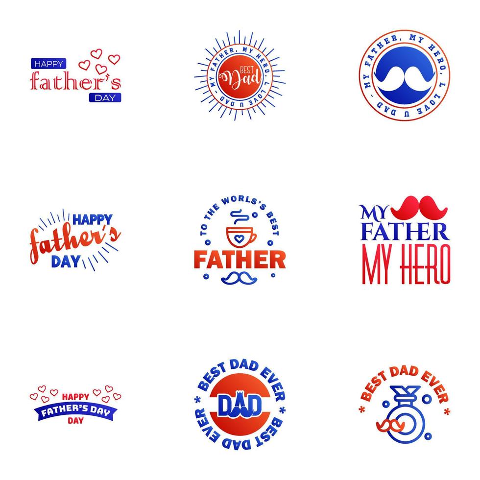 Fathers Day Lettering 9 Blue and red Calligraphic Emblems Badges Set Isolated on Dark Blue Happy Fathers Day Best Dad Love You Dad Inscription Vector Design Elements For Greeting Card and Other