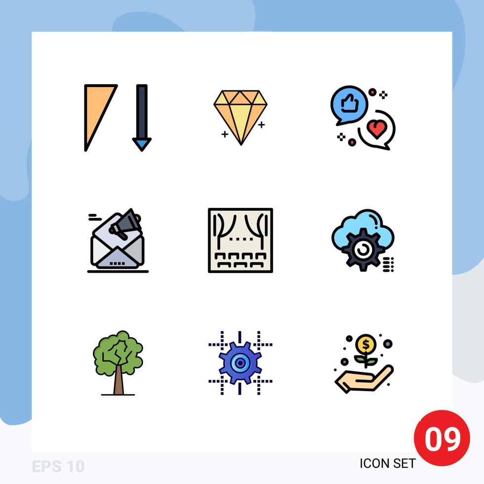 User Interface Pack of 9 Basic Filledline Flat Colors of celebration marketing communication email advertising Editable Vector Design Elements