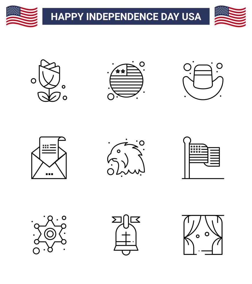 4th July USA Happy Independence Day Icon Symbols Group of 9 Modern Lines of eagle animal cap mail greeting Editable USA Day Vector Design Elements