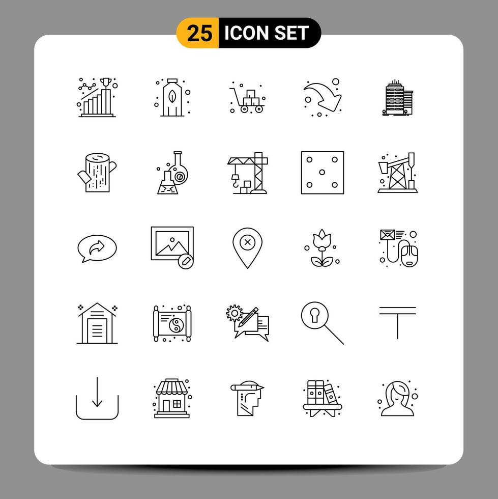 Editable Vector Line Pack of 25 Simple Lines of skyscaper down right box share shipping Editable Vector Design Elements