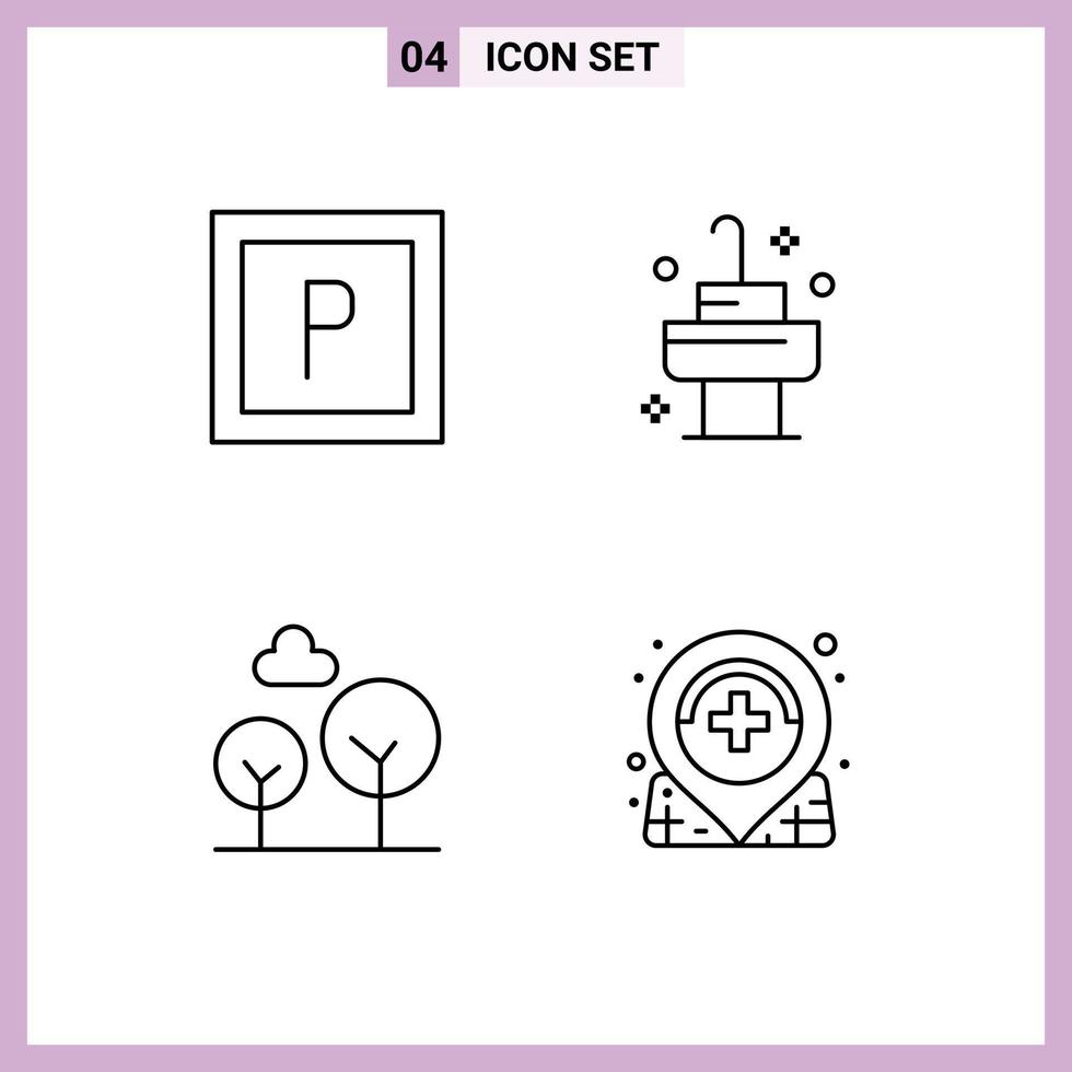 4 Universal Line Signs Symbols of parking hospital bath evergreen tree medical Editable Vector Design Elements
