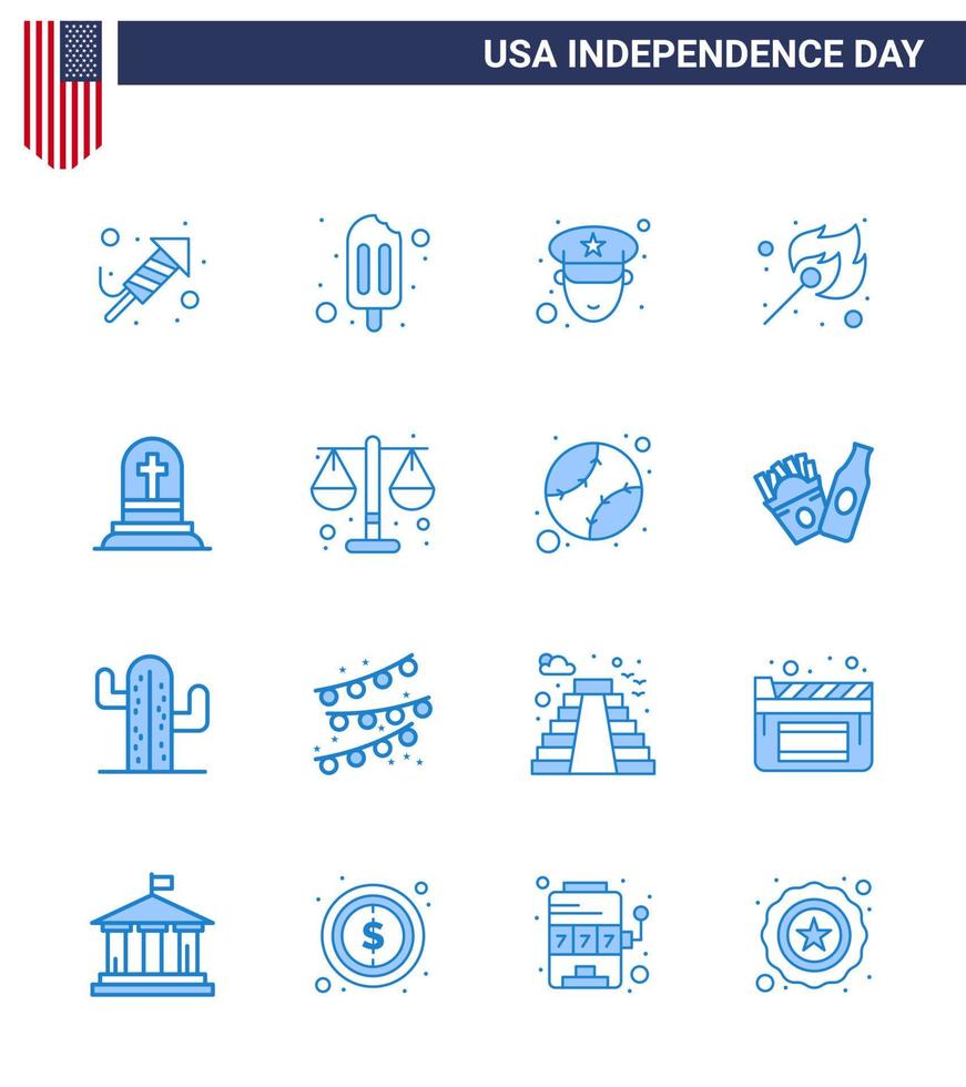 4th July USA Happy Independence Day Icon Symbols Group of 16 Modern Blues of rip grave officer death match Editable USA Day Vector Design Elements