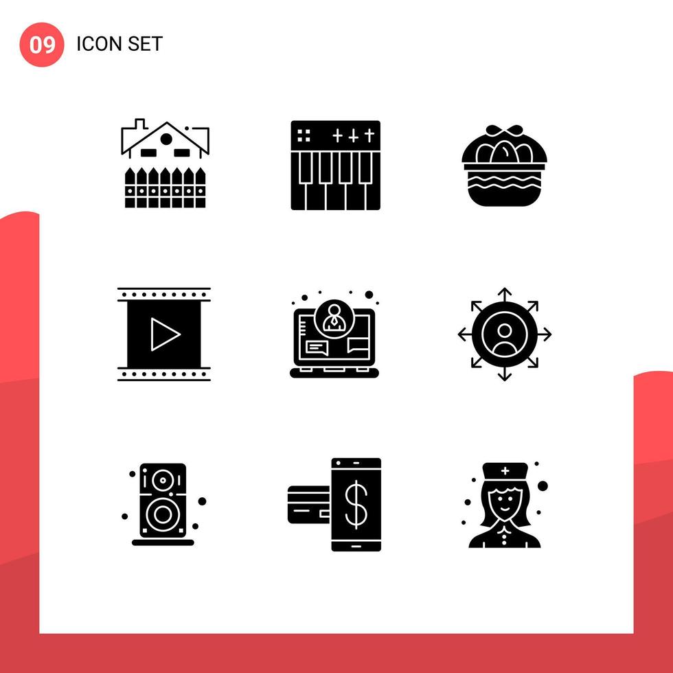 Set of 9 Vector Solid Glyphs on Grid for movie cinema music camera egg Editable Vector Design Elements