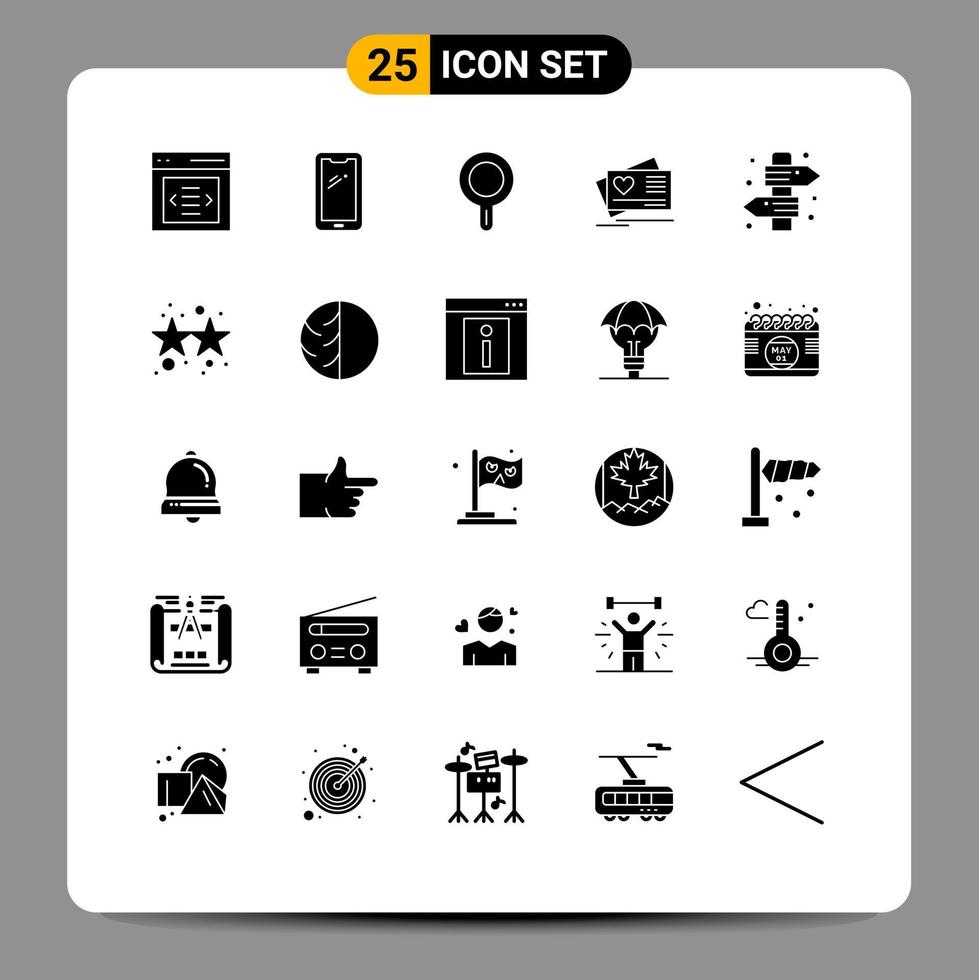 grupo de 25 signos y símbolos de glifos sólidos para elementos de diseño de vectores editables de tarjeta de corazón de iphone de boda de fogata
