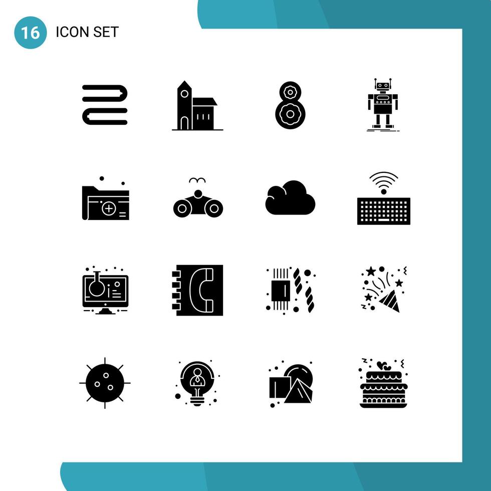 Modern set of 16 solid glyphs pictograph of folder technology eight bot