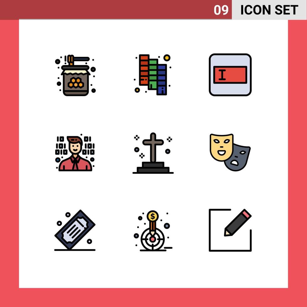 Editable Vector Line Pack of 9 Simple Filledline Flat Colors of grave death form dead programmer Editable Vector Design Elements