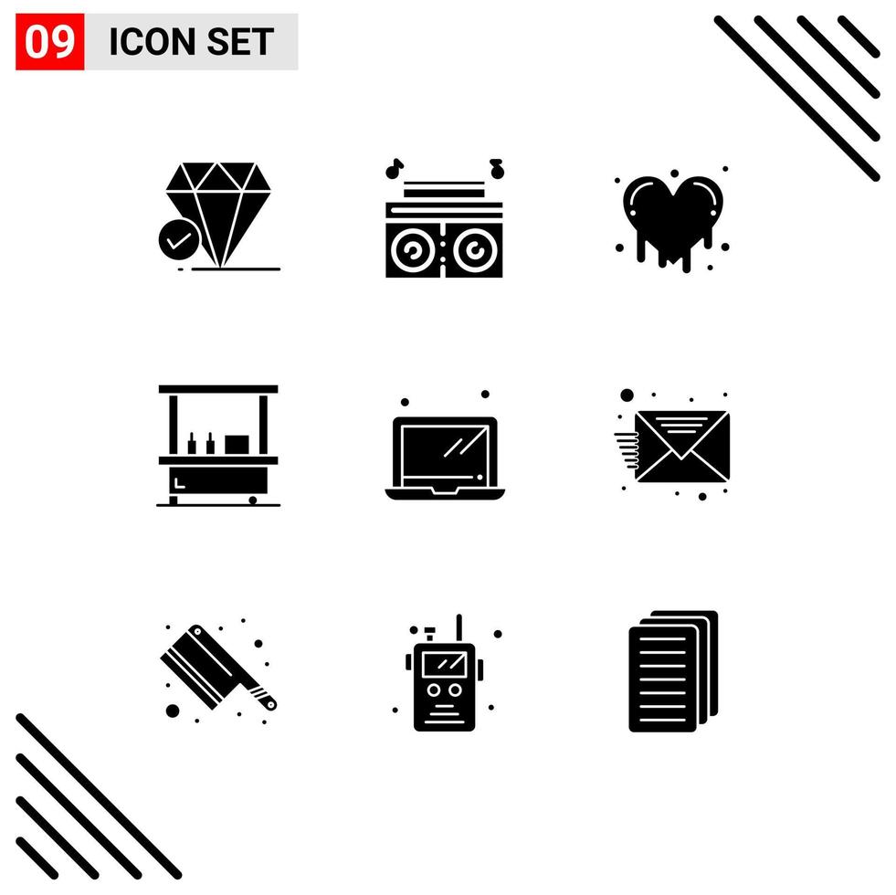 Editable Vector Line Pack of 9 Simple Solid Glyphs of email hardware crazy love computer park Editable Vector Design Elements