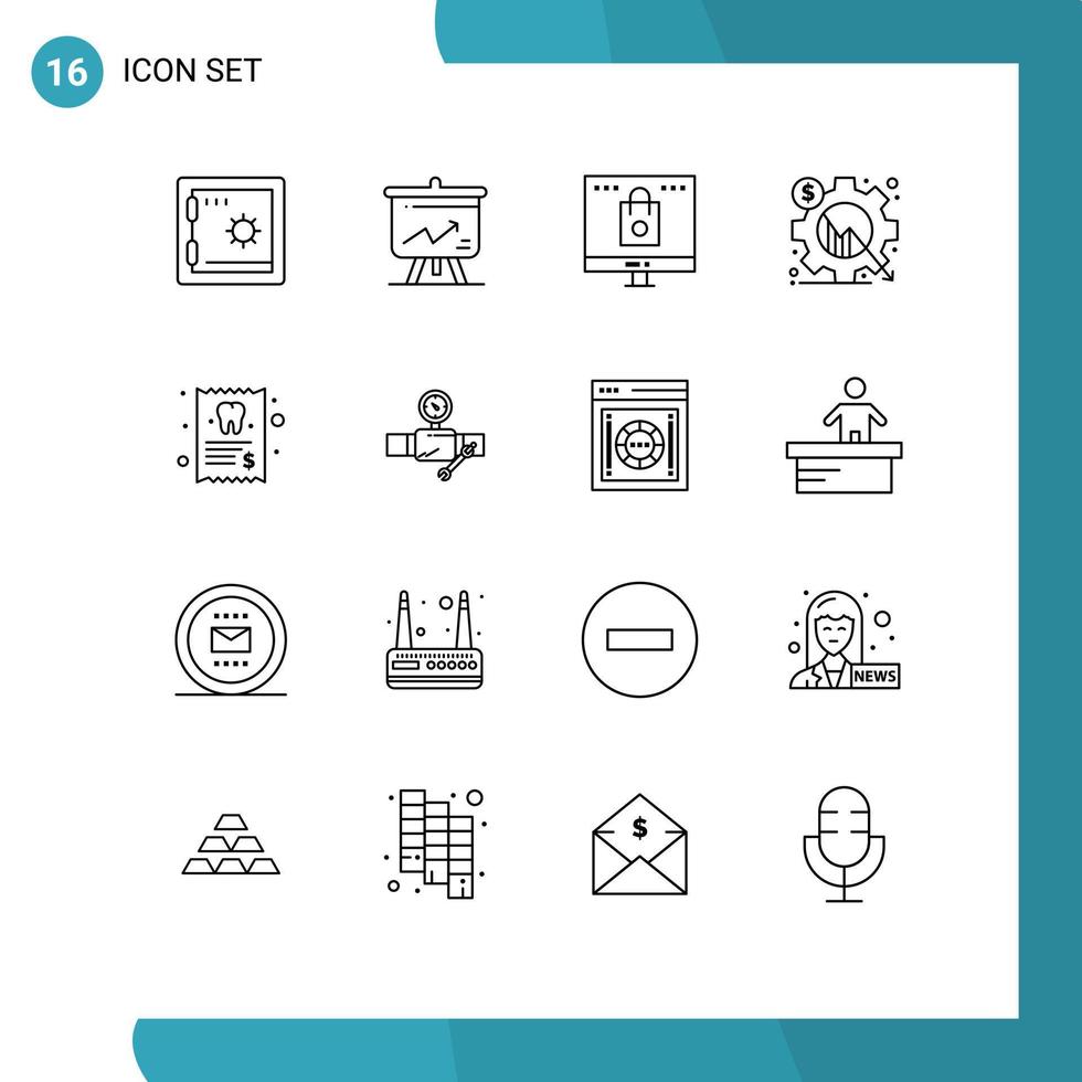 16 Universal Outlines Set for Web and Mobile Applications dentist gear computer chart analysis Editable Vector Design Elements