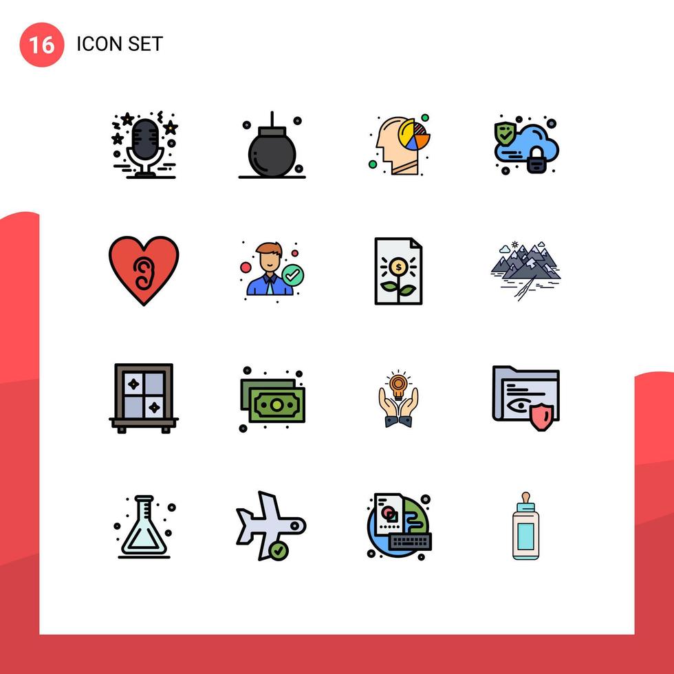 grupo de 16 líneas rellenas de color plano, signos y símbolos para la decoración de la nube de seguridad, cabeza mental, elementos de diseño de vectores creativos editables